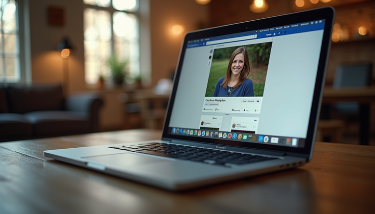 Eye-level view of a laptop screen showing a memorialized Facebook profile