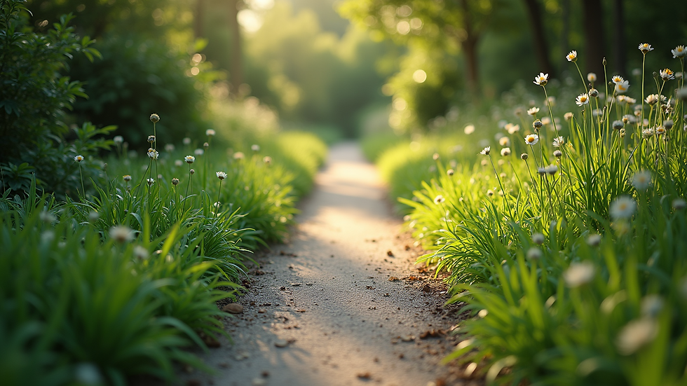 High angle view of a peaceful garden path surrounded by greenery, symbolising a journey of healing