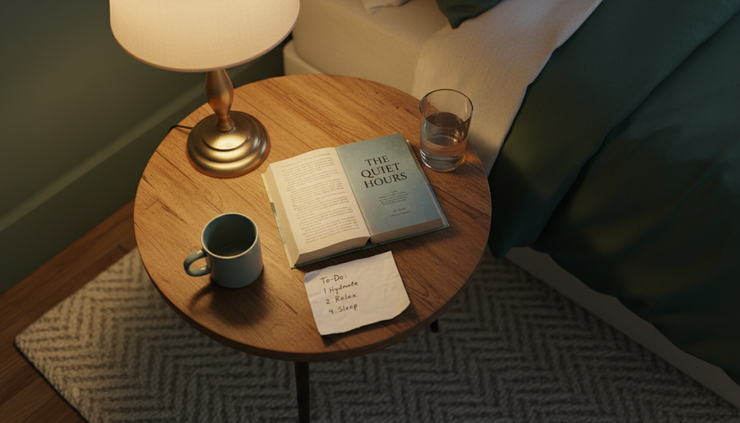 Overhead view of a bedside table with a book, a glass of water, and a small checklist under warm lamplight.
