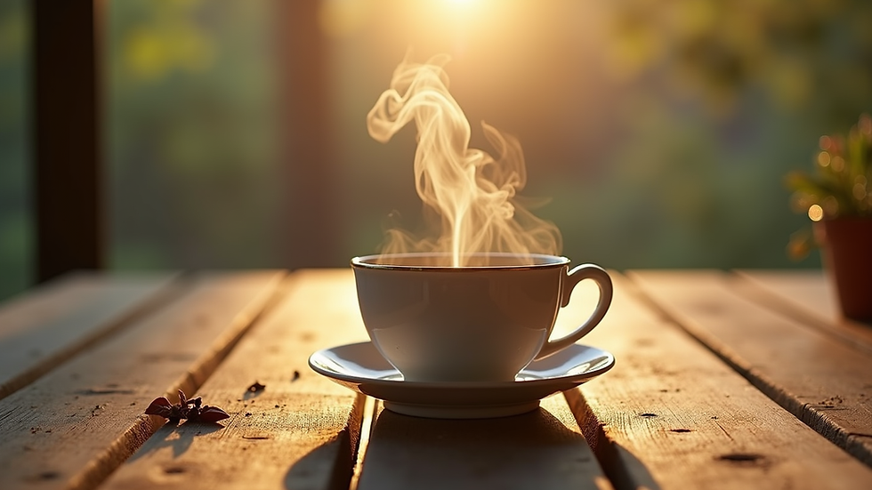 Vue rapprochée d'une tasse de tisane fumante posée sur une table en bois