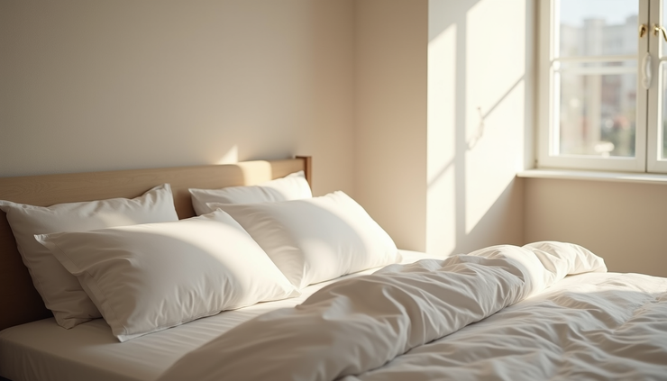 Vue en plongée d’un lit apaisant avec des draps blancs et une lumière douce