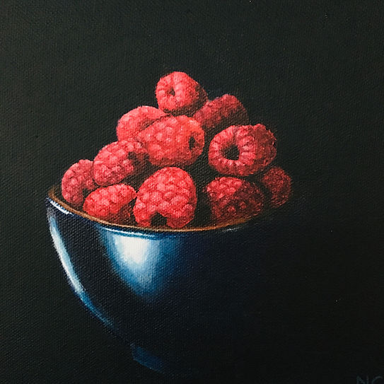 Raspberries in Blue Bowl