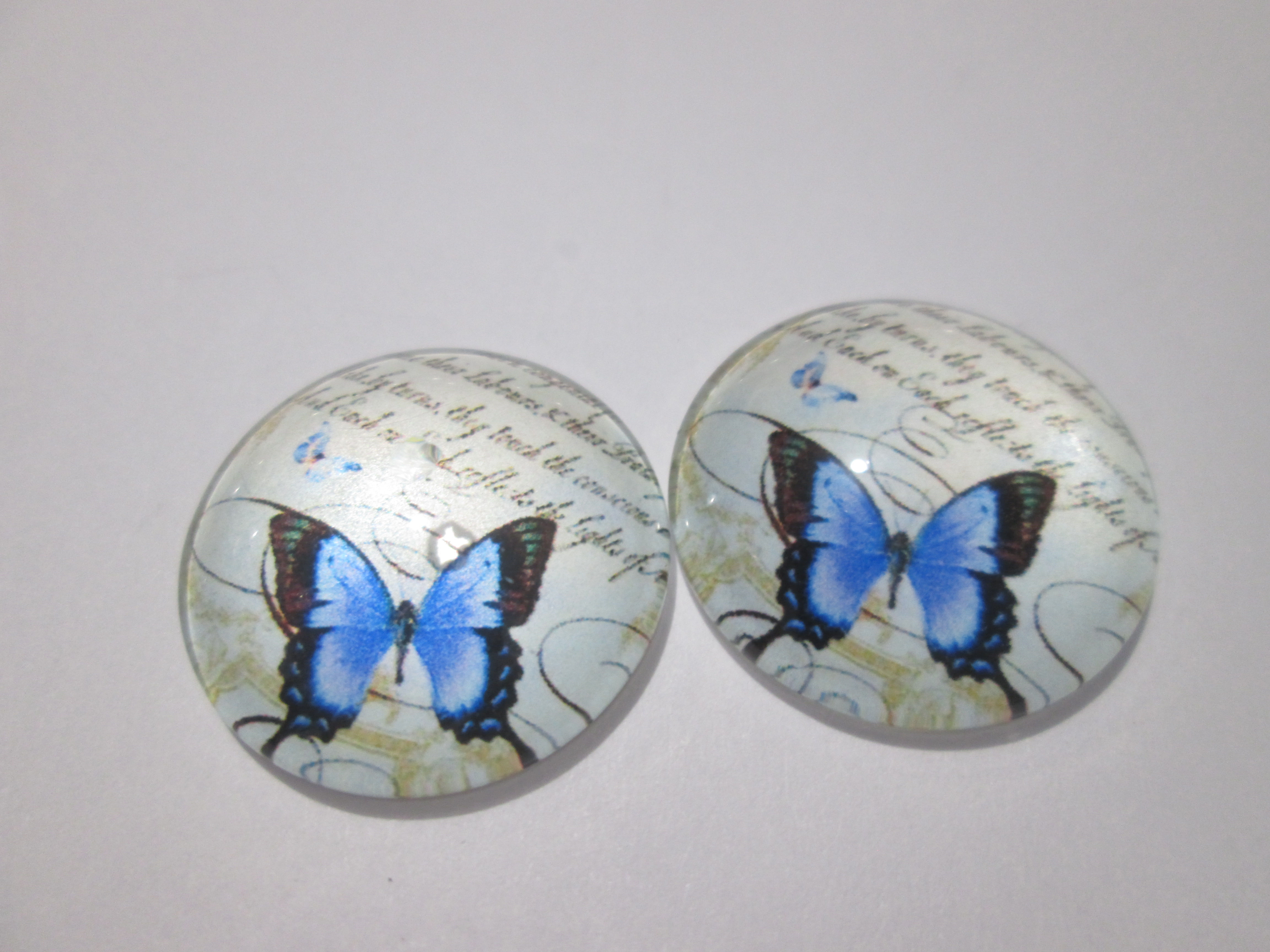 20 mm -  2 cabochons ronds - papillons - verre imprimé