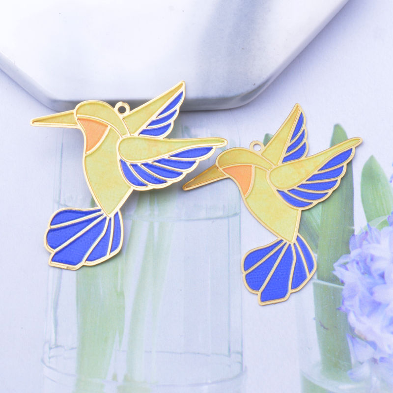 Miniaturbild: 2 emaillierte Kolibri-Drucke - 45 x 38 mm - emailliertes Messing - 3 Farben a