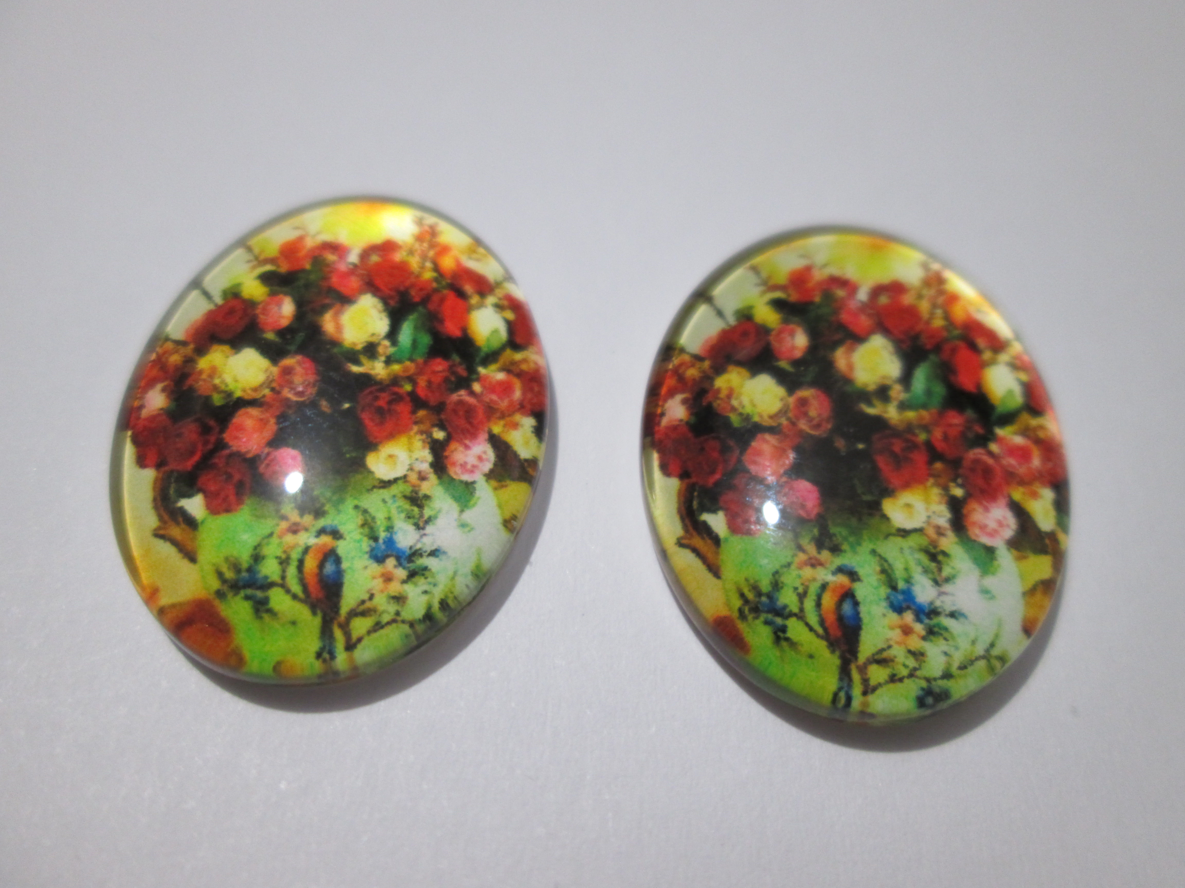 25 x 18 mm - 2 cabochons fleurs  -  verre imprimé