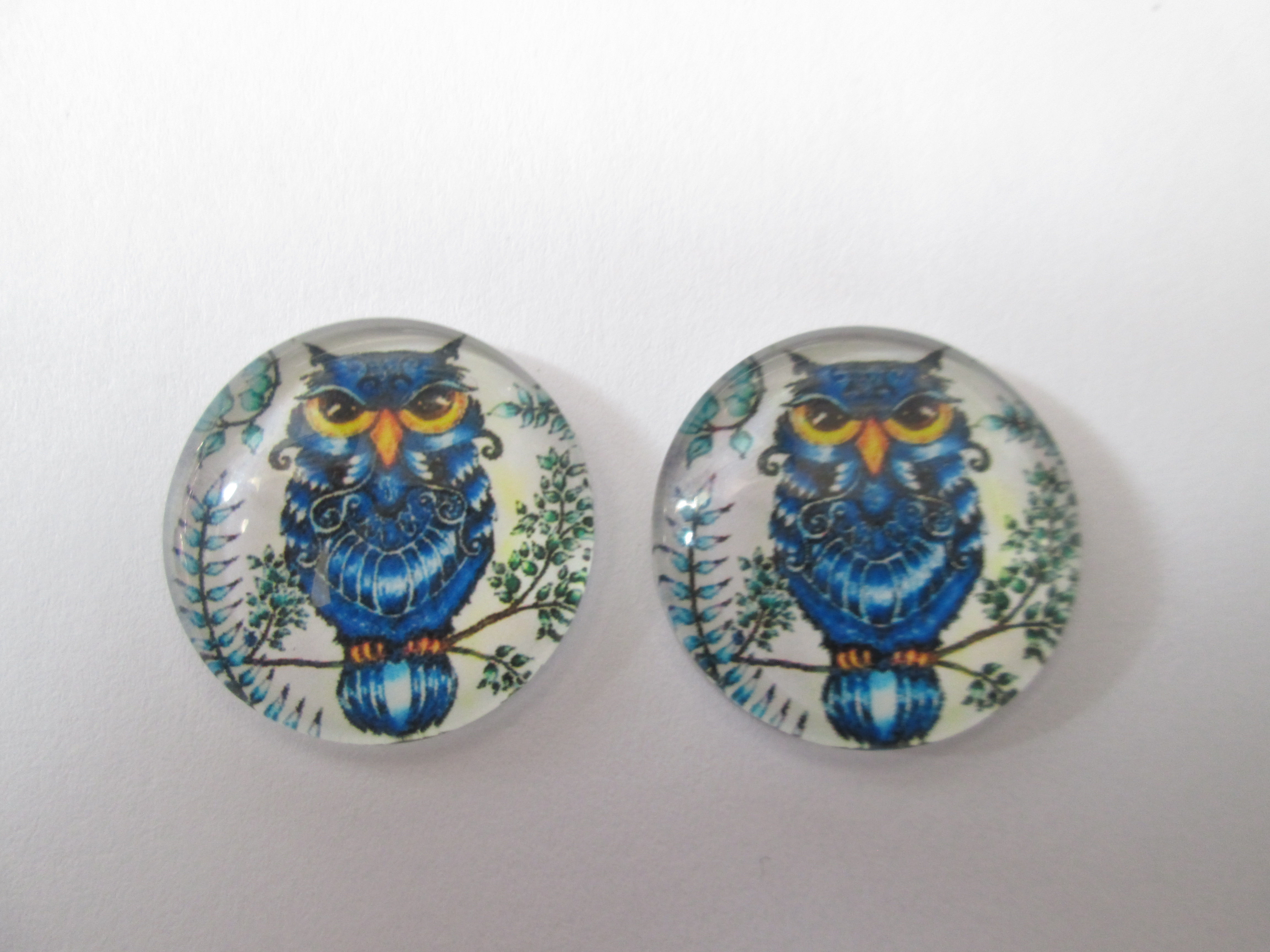 20 mm - 2 cabochons ronds hibou - verre imprimé