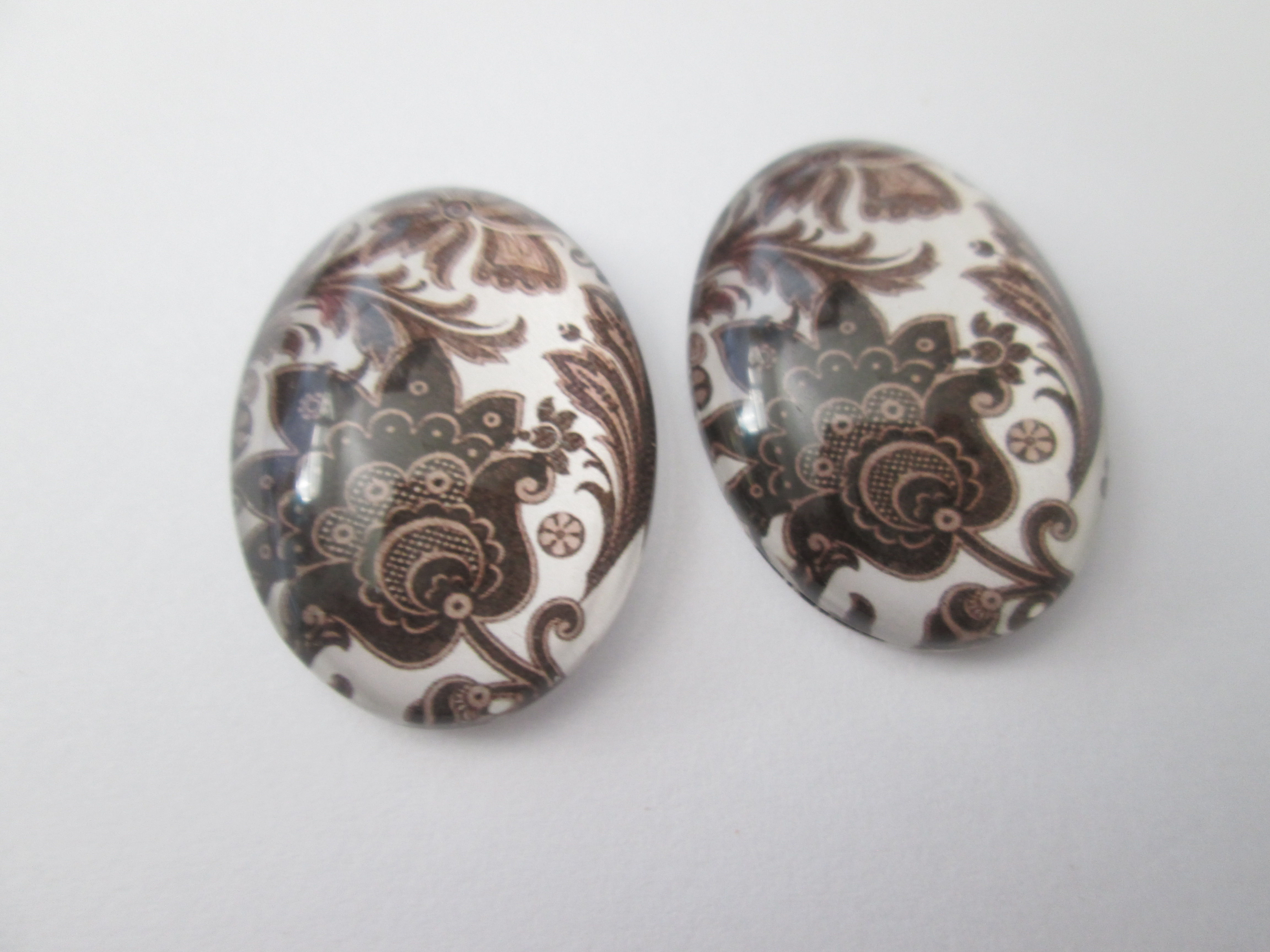 2 cabochons - 25 x 18 mm - fleurs - verre imprimé