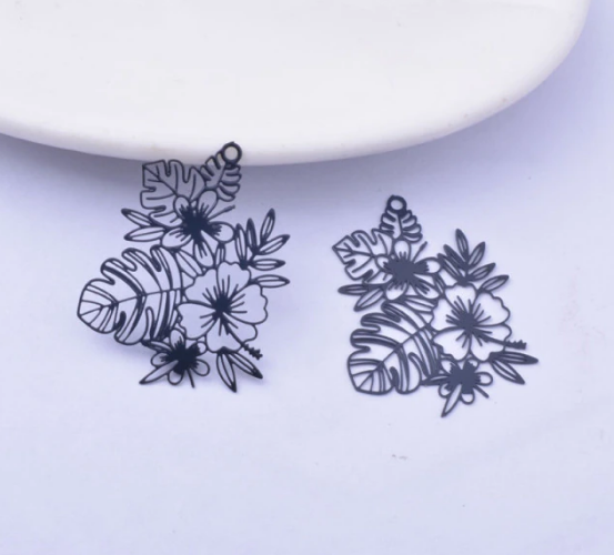Miniatura: 2 estampes fleurs exotiques - 30 x 25 mm - 12 coloris - laiton