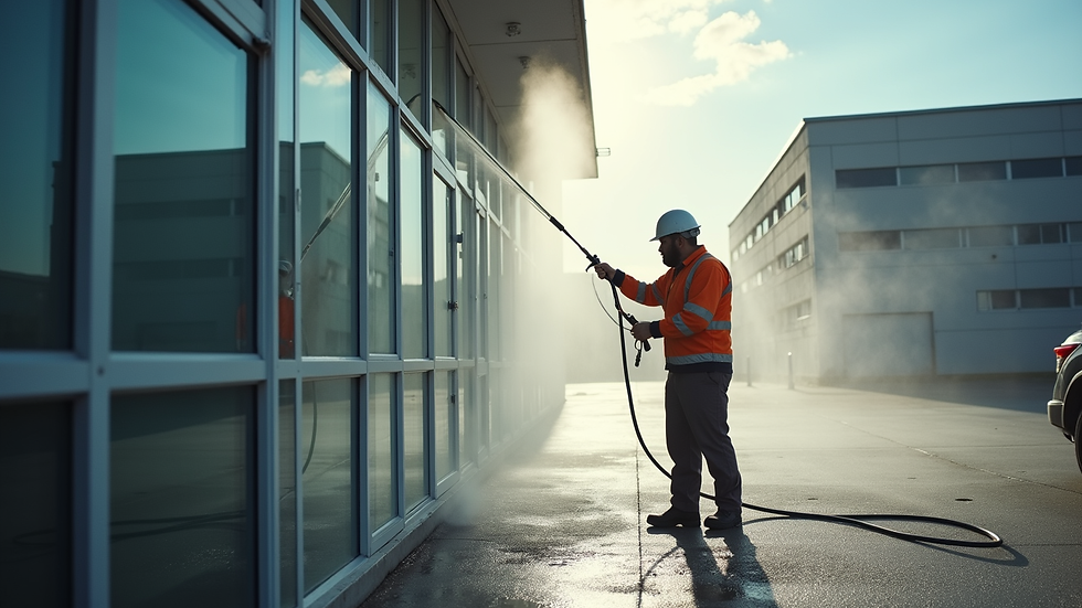 High angle view of pressure washing technician cleaning a commercial building exterior