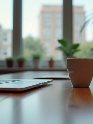 Modern workspace with a laptop and coffee on a wooden desk, surrounded by natural light and office plants, representing a calm and productive work environment.