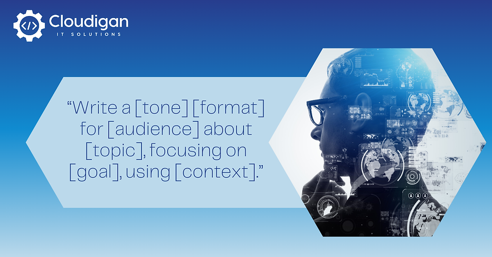 Silhouette of a person with digital overlays on a blue background. Text reads: "Write a [tone][format] for [audience] about [topic]."