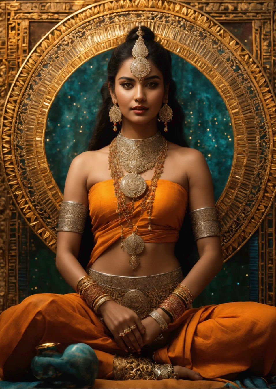A woman in ornate gold jewelry and orange attire sits cross-legged before a golden backdrop, exuding a serene, regal presence.