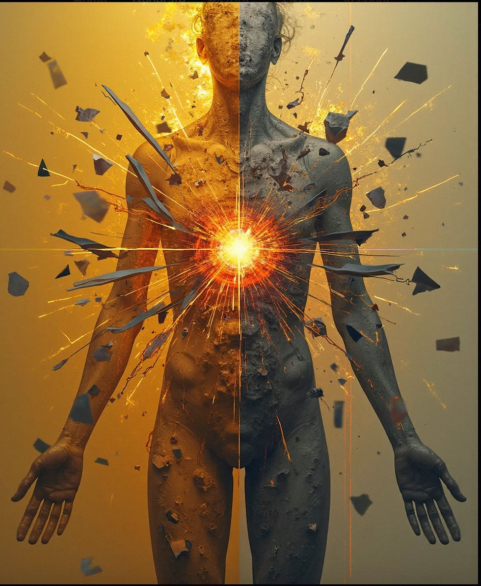 A human figure with a bright explosion at the chest, surrounded by debris. The scene is split into warm and cool colors, creating a dramatic effect.