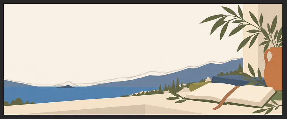 First flat color pass of the Library illustration, with blue coastal landscape and large colored shapes for the books and vase.
