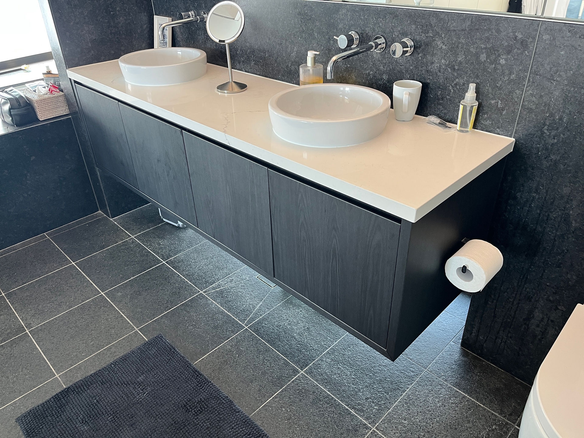 Bathroom cabinets wrapped in LX Benif vinyl CW624