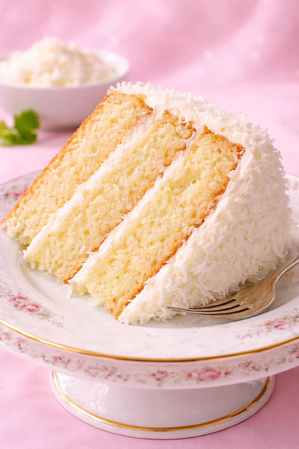 Delicious coconut cake slice on porcelain.png