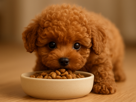 A tiny brown teacup poodle puppy with curly fur eating dry kibble from a small food bowl on a wooden floor.