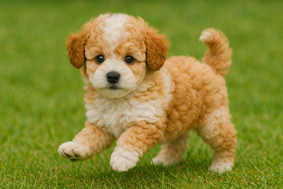 Playful apricot and white teacup poodle puppy with a curly coat running on green grass