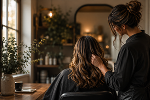 Hairstylist working on a client's hair in a salon, representing the stories, personal transformations, and life lessons shared behind the salon chair.