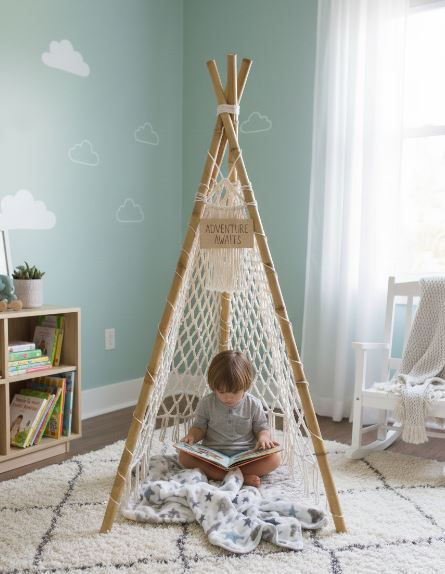 Tipi enfant en bambou et macramé en coton naturel pour décoration de chambre bohème
