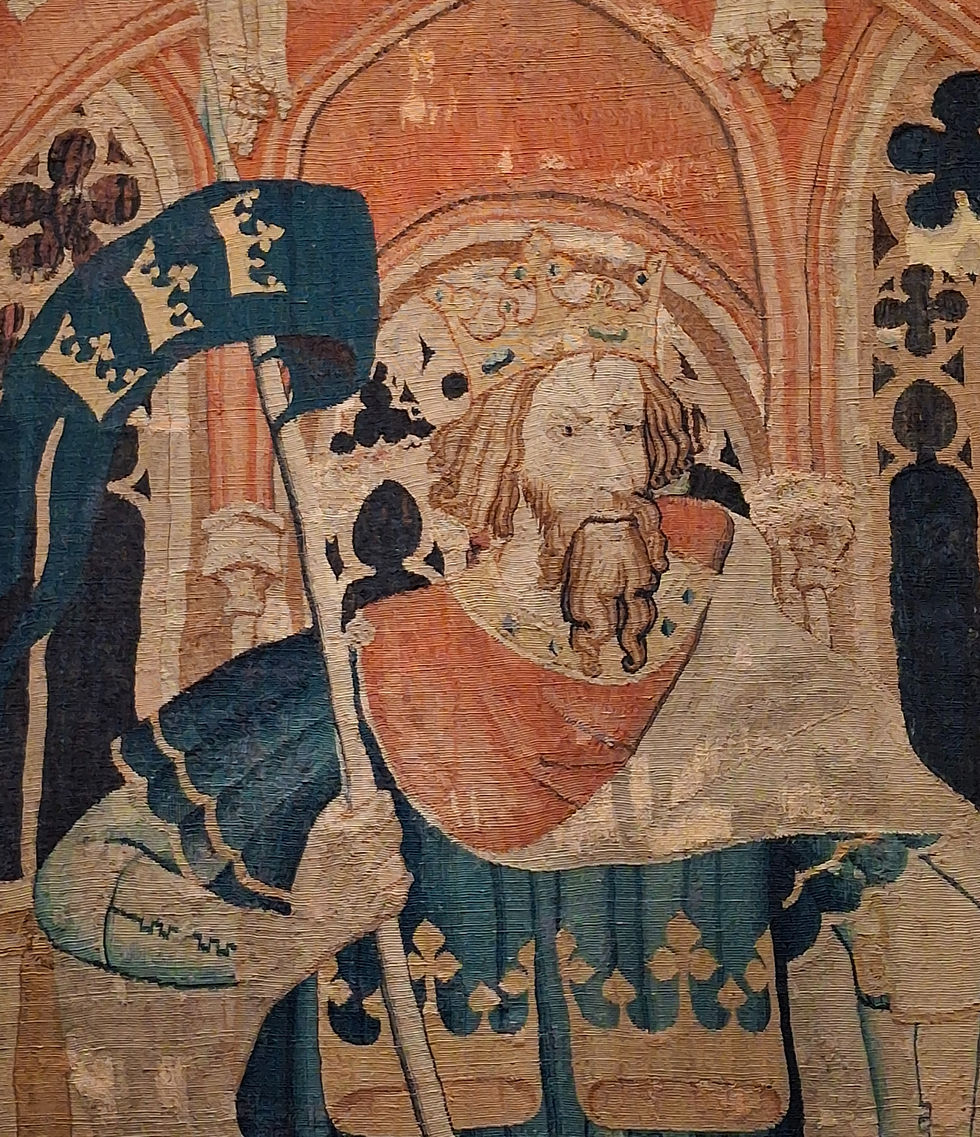 A tapestry of King Arthur - he's in my Four Queens! Aliénor was mad about him and his legend.