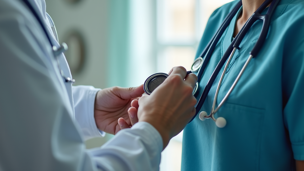 Close-up view of a nurse checking a patient's pulse with a stethoscope