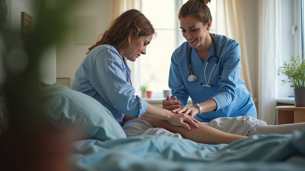 Eye-level view of a caregiver assisting a patient with wound care in a home setting