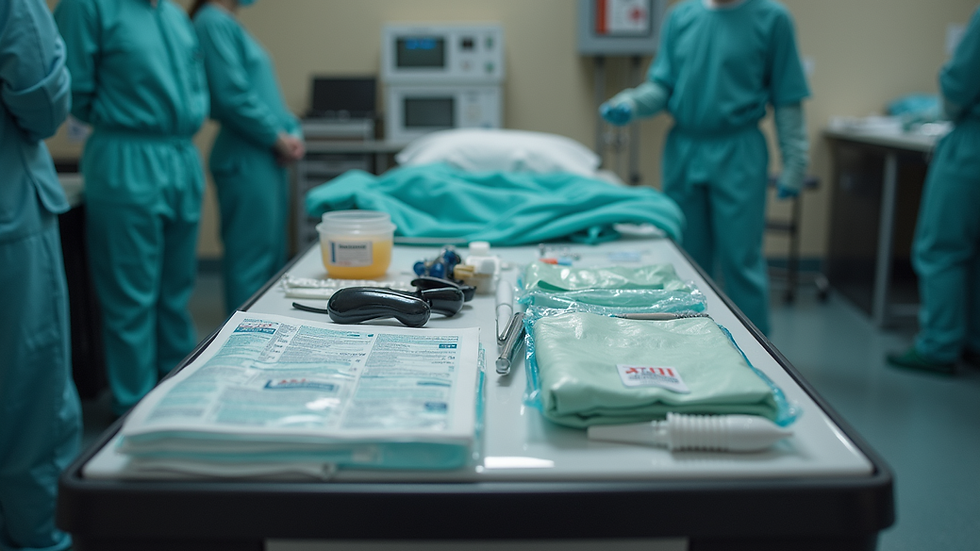 Eye-level view of a neatly organized recovery kit with medical supplies