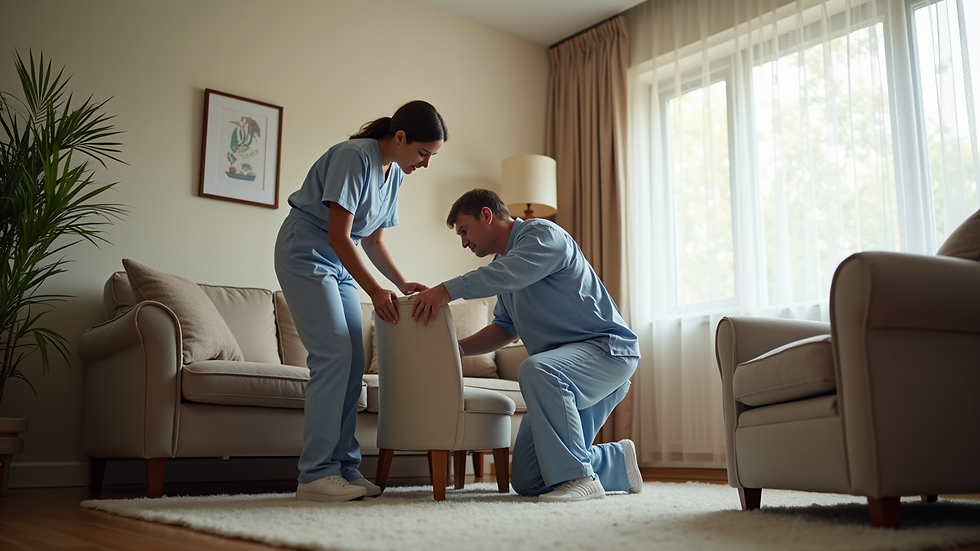 Eye-level view of a cozy living room with a hospice care nurse setting up a comfortable chair