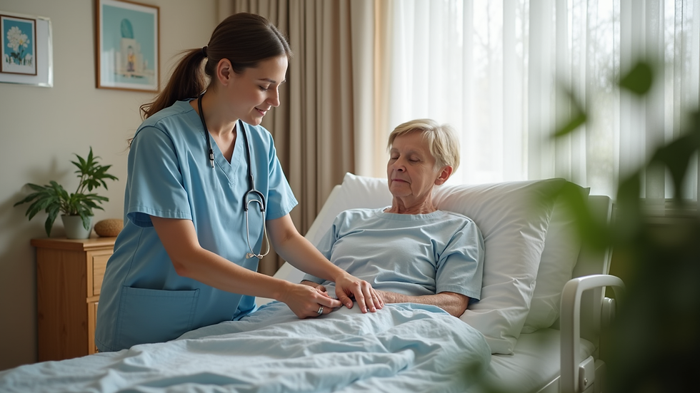 Eye-level view of a caregiver setting up a comfortable recovery area in a home