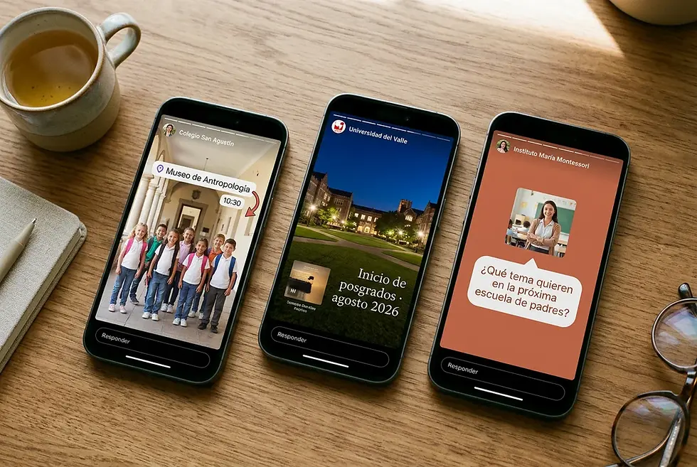 Tres teléfonos móviles muestran estados de WhatsApp de instituciones educativas sobre una visita al museo, posgrados y escuela de padres.