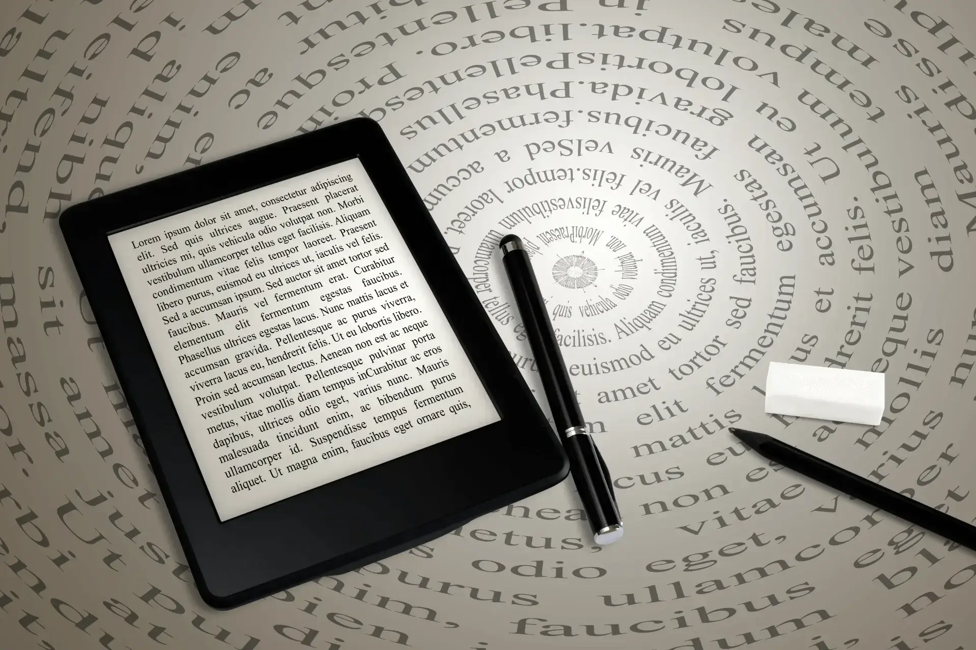 Tablet con eBook sobre fondo de letras en círculo