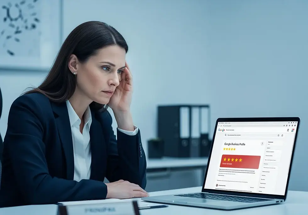 Mujer de traje observa con expresión seria la pantalla de su laptop que muestra una reseña en Google Business Profile con calificación de cinco estrellas. La escena sugiere análisis de reputación en línea o gestión de comentarios digitales.