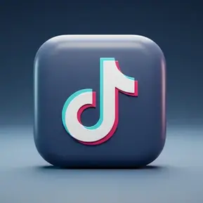 Logotipo de TikTok en relieve sobre un icono cuadrado azul oscuro con fondo degradado en tonos azules.