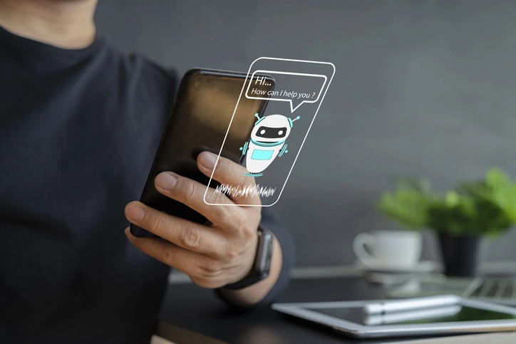 Persona con smartphone un gráfico de un chatbot se superpone a la imagen