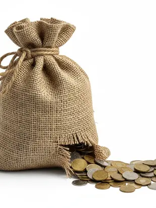 Saco de tela de arpillera con monedas derramándose sobre fondo blanco, representación visual de recursos financieros y presupuesto institucional, con iluminación de estudio y enfoque nítido en los detalles.
