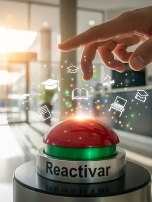 Mano a punto de presionar un gran botón rojo con la palabra “Reactivar”, del que emergen íconos educativos como birretes, libros y pupitres, simbolizando la reactivación de leads inactivos en colegios.