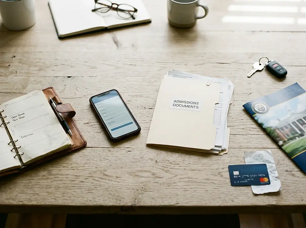 Mesa con documentos de admisión, un móvil con formulario, agenda, folleto universitario, llaves y tarjeta bancaria.