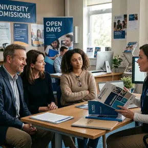 Consejera de admisiones universitarias explica programas académicos a una familia y a una estudiante sentados alrededor de una mesa en una oficina.