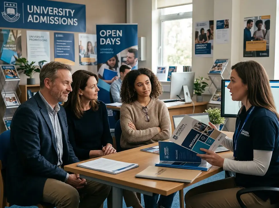 Consejera de admisiones universitarias explica programas académicos a una familia y a una estudiante sentados alrededor de una mesa en una oficina.