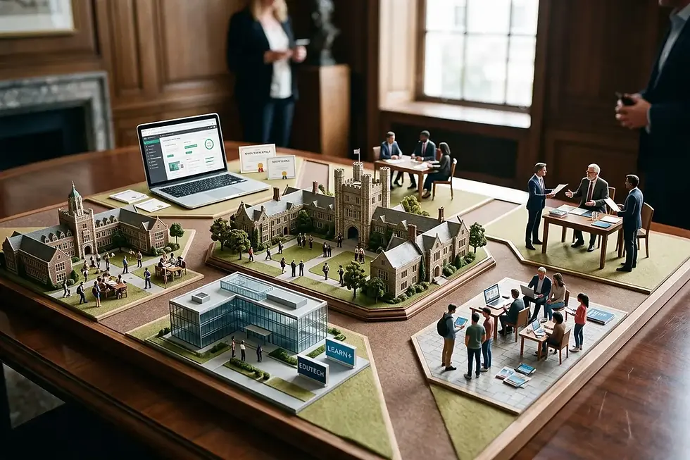 Maquetas de campus y escenas de reuniones sobre una mesa, con una laptop y letreros «LEARN+» y «EDUTECH».