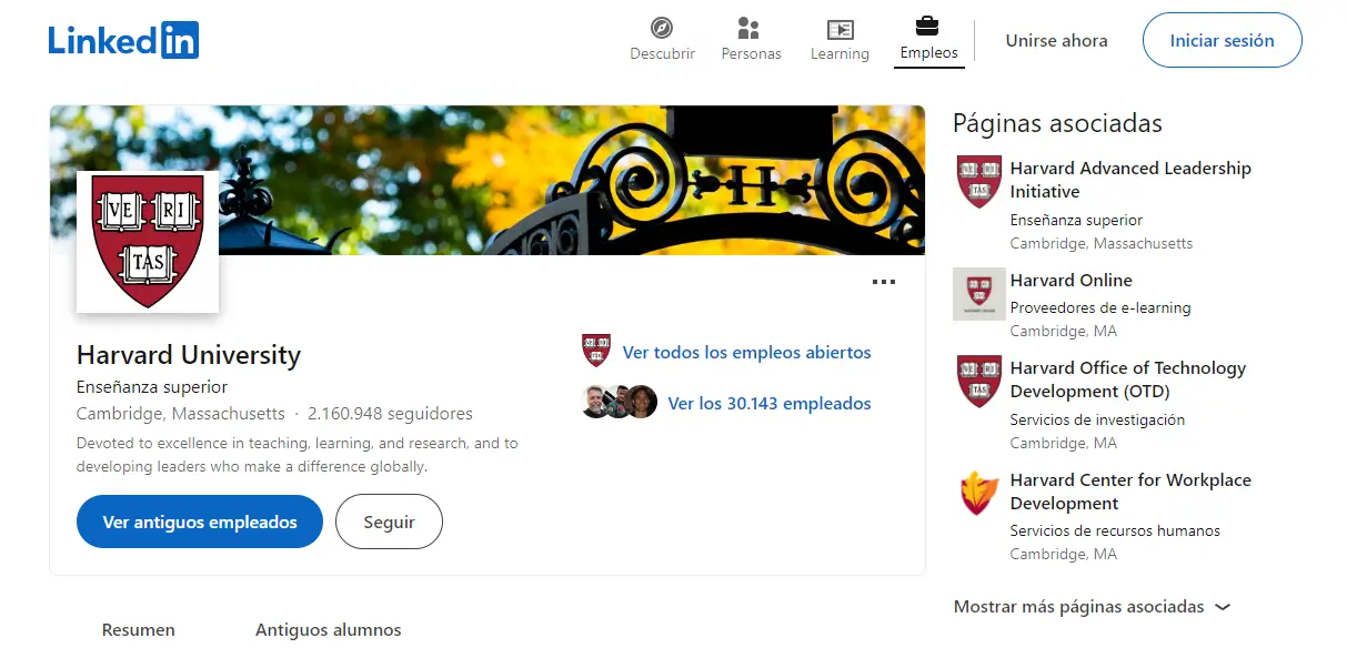 Perfil de la Universidad de Harvard en LinkedIn