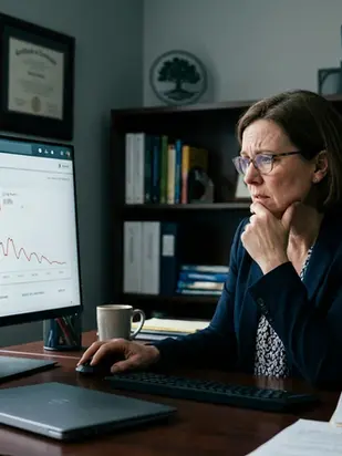Mujer en oficina escolar observa un gráfico de rendimiento en Google Search Console en su monitor.