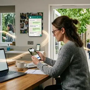 Madre revisa un teléfono móvil junto a una laptop, con canales digitales conectados a la entrada de Brighton Oaks Prep School.