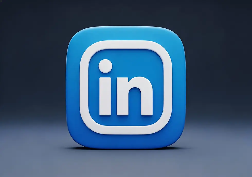 Icono tridimensional minimalista de LinkedIn: un cubo azul con bordes redondeados y el logotipo blanco “in” centrado, con acabado mate y fondo oscuro degradado.