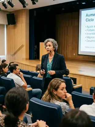 Una ponente habla ante familias en un auditorio durante una presentación sobre aumento de colegiaturas.