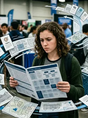 Estudiante lee un folleto universitario en una feria educativa, rodeada de hojas y flechas gráficas.