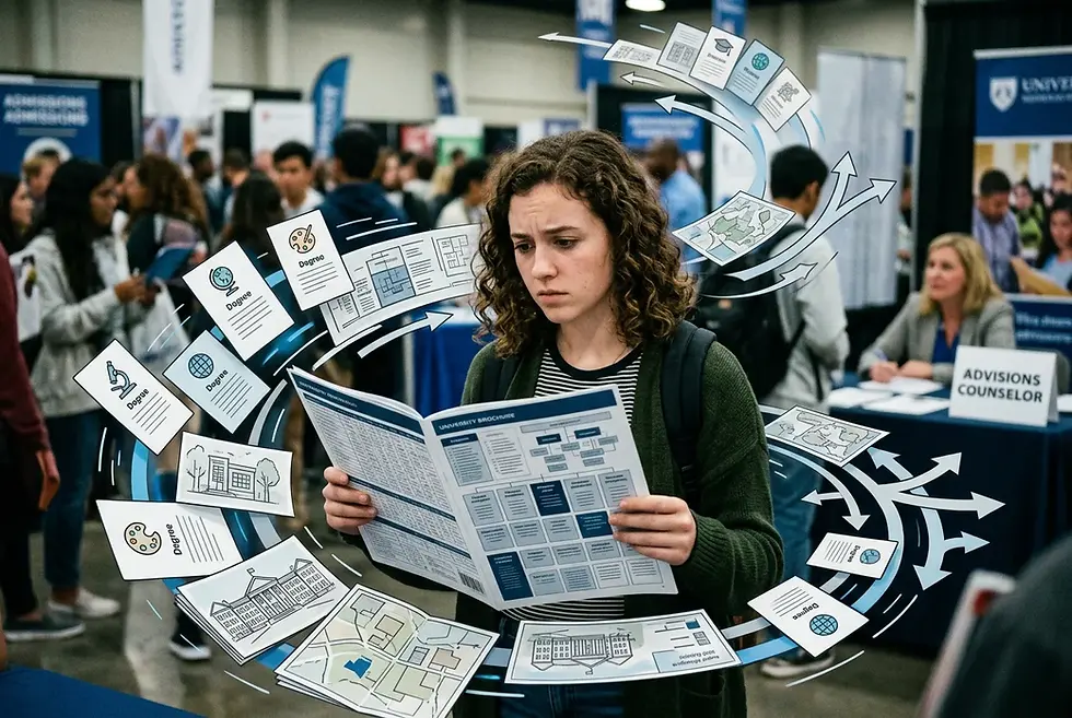 Estudiante lee un folleto universitario en una feria educativa, rodeada de hojas y flechas gráficas.