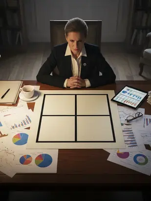 Directiva institucional sentada frente a un escritorio, analizando información estratégica con gráficos, reportes impresos y una tableta digital, en un entorno sobrio que representa la toma de decisiones basada en datos en instituciones educativas.