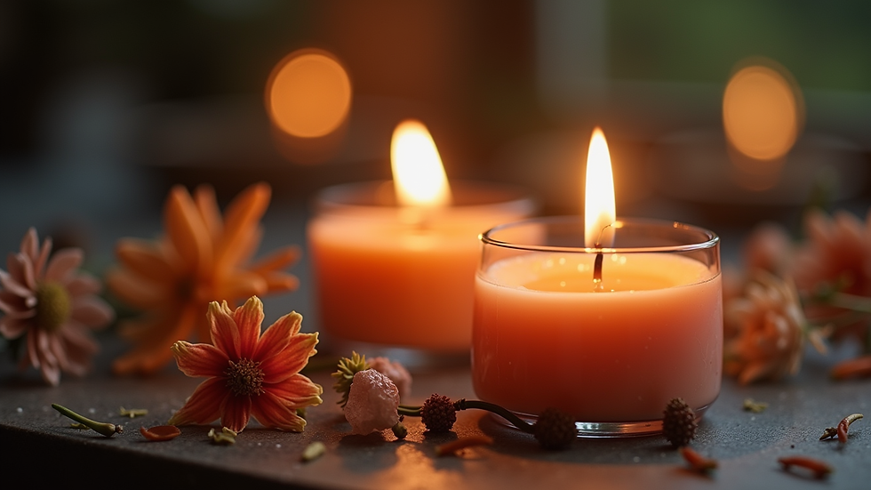 Plano detalle de vela ritualizada encendida con cristales y flores naturales alrededor